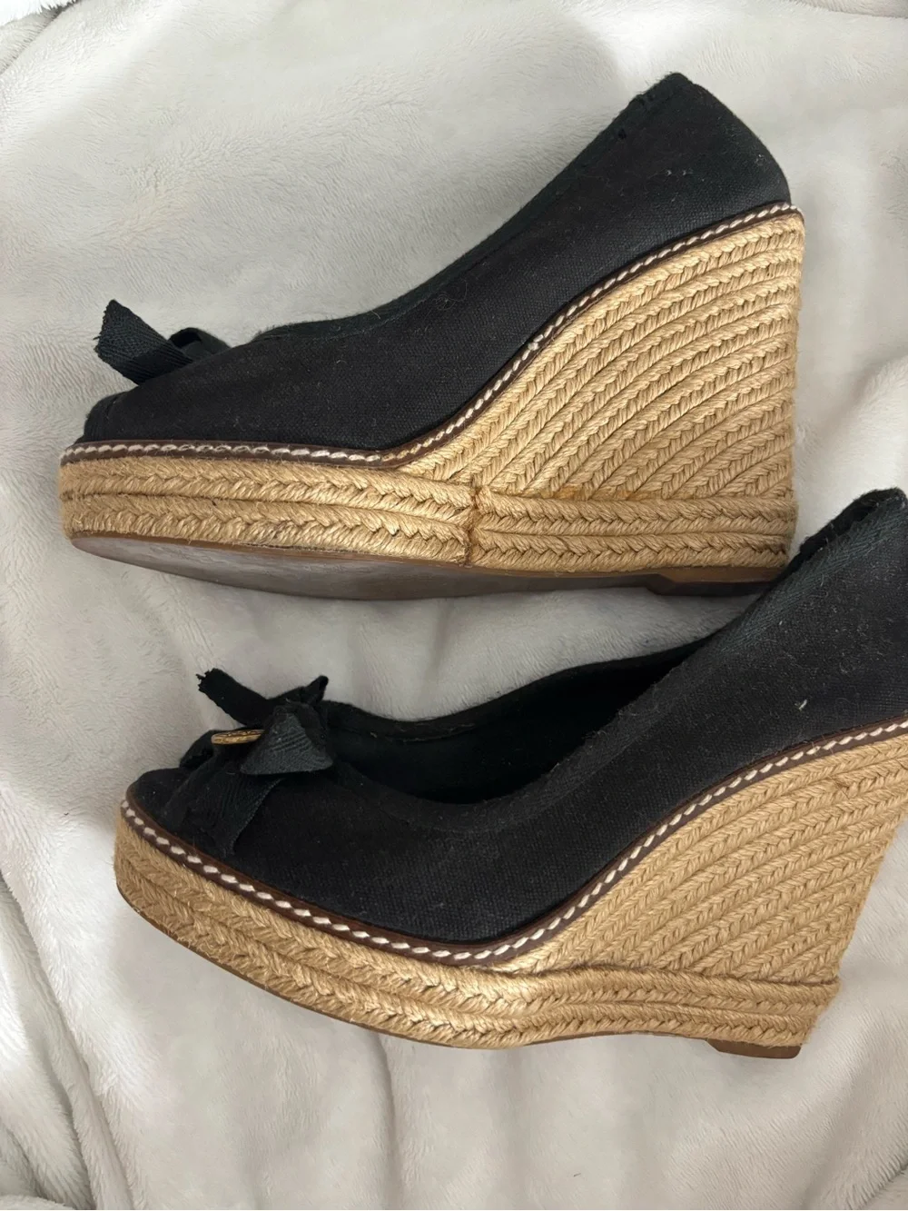 Tory Burch Black Canvas Peep-Toe Espadrille Wedges with Gold Logo Charm